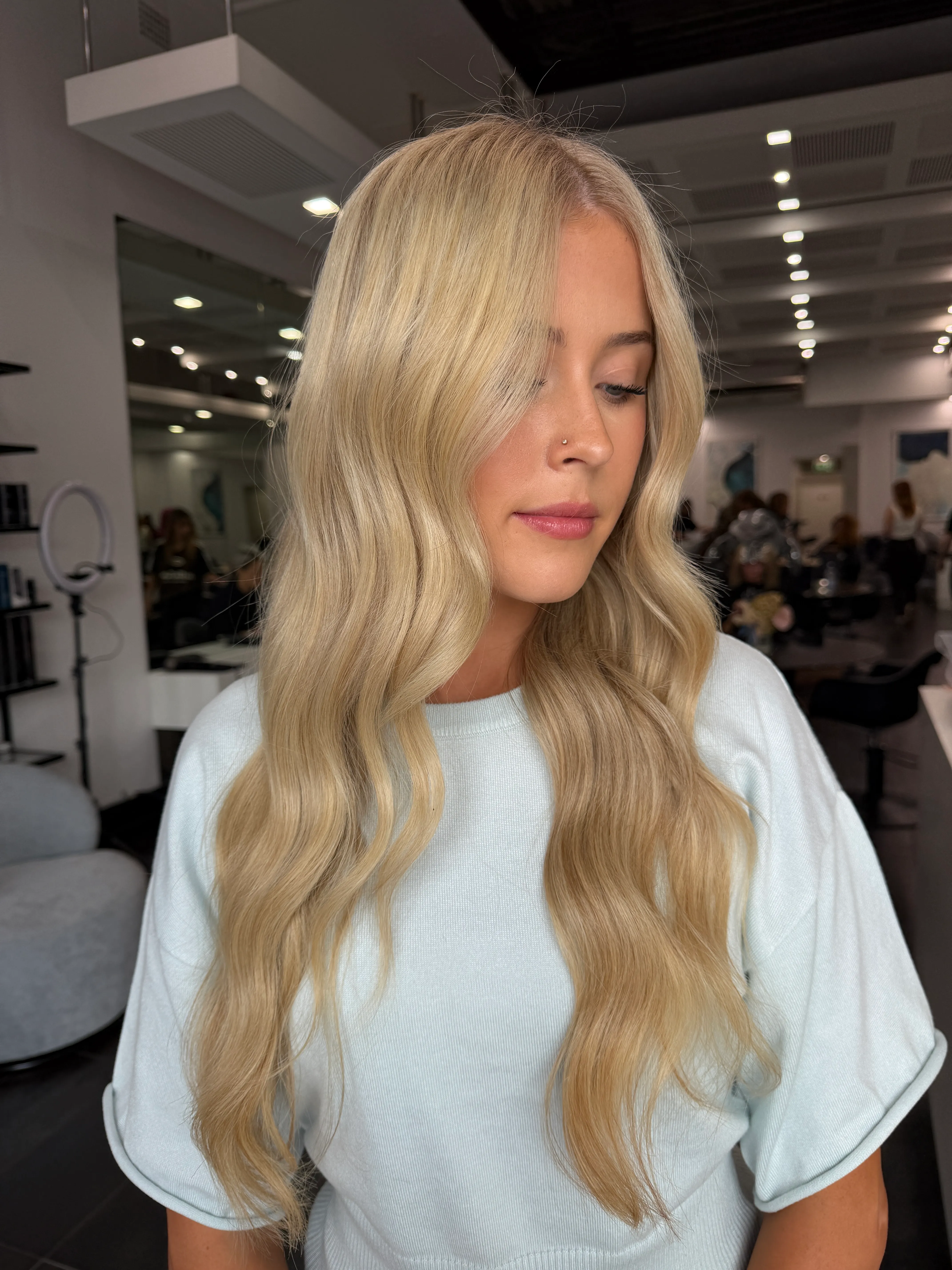 Platinum blonde waves styling at Salon Ayre Mentone